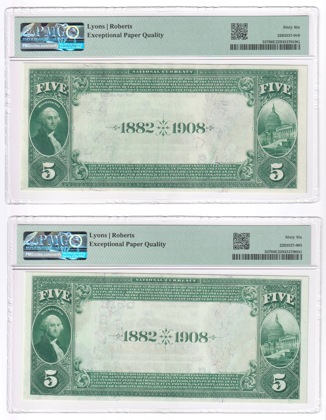 Five 1882 $5 Date Back - Louisville, KY Charter #5312 - all PMG GemCU-66 EPQ
