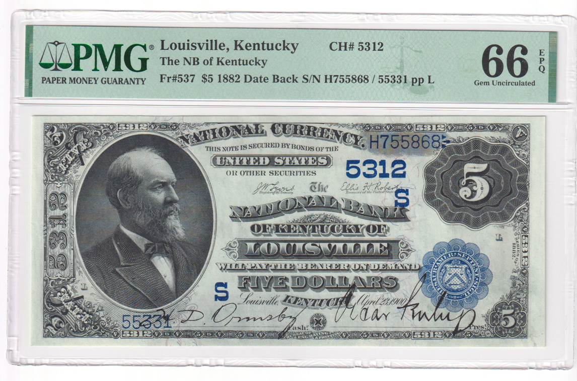 Five 1882 $5 Date Back - Louisville, KY Charter #5312 - all PMG GemCU-66 EPQ