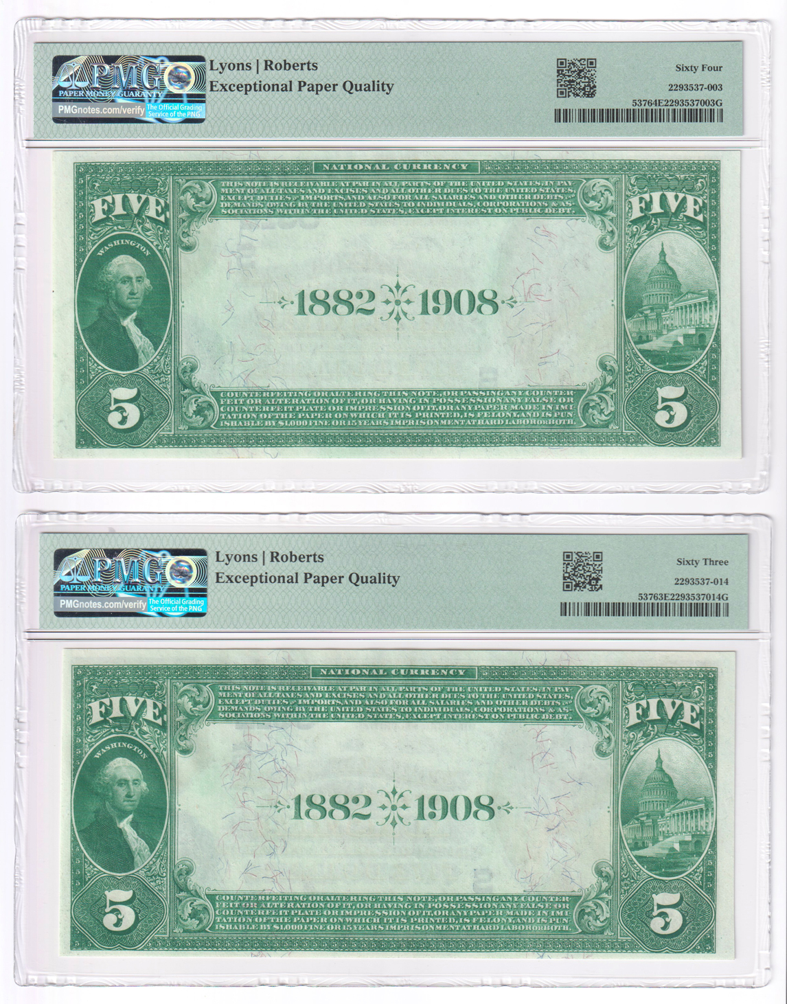 Six 1882 $5 Date Back - Louisville, KY Charter #5312 - one ChCU-63 EPQ and five ChCU-64 EPQ, all PMG