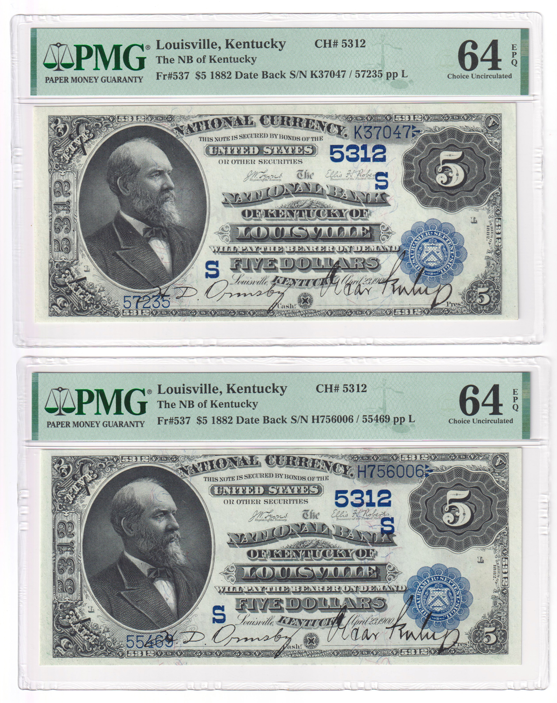 Six 1882 $5 Date Back - Louisville, KY Charter #5312 - one ChCU-63 EPQ and five ChCU-64 EPQ, all PMG