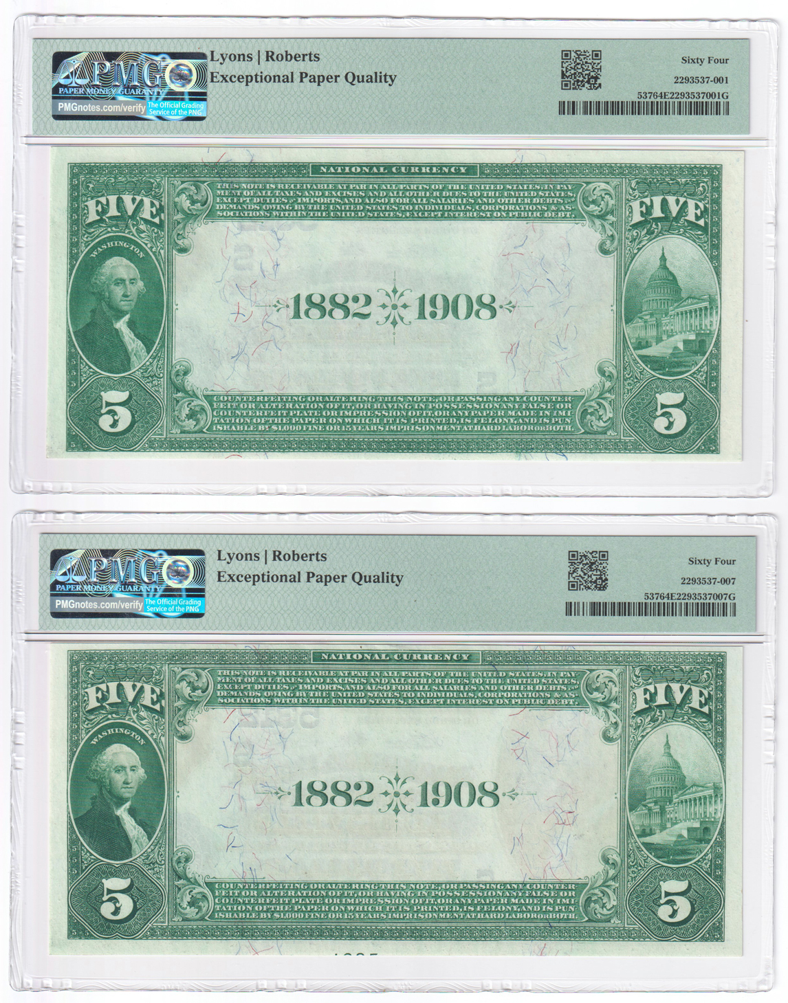 Six 1882 $5 Date Back - Louisville, KY Charter #5312 - one ChCU-63 EPQ and five ChCU-64 EPQ, all PMG