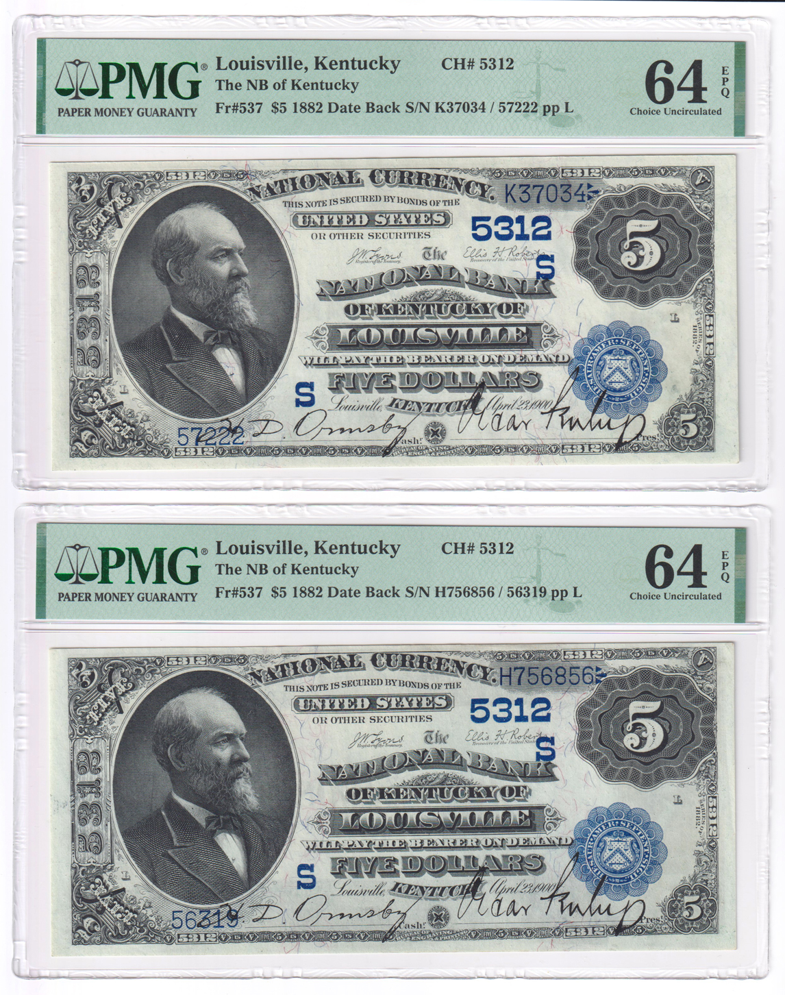 Six 1882 $5 Date Back - Louisville, KY Charter #5312 - one ChCU-63 EPQ and five ChCU-64 EPQ, all PMG