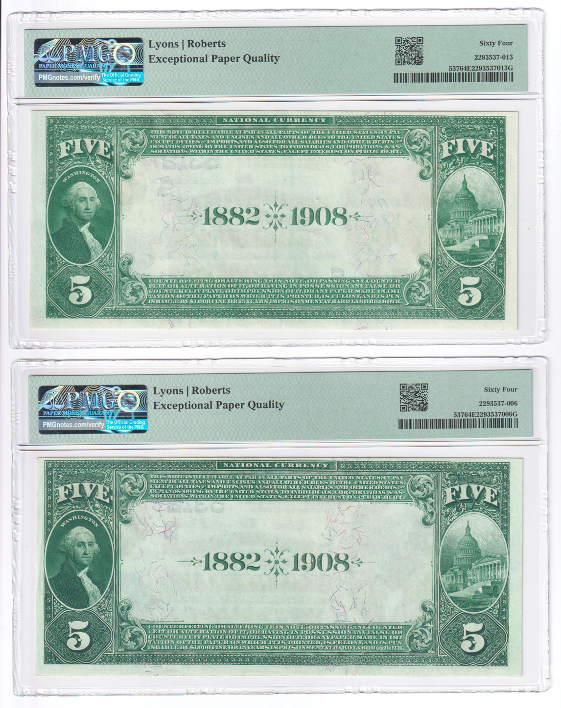 Six 1882 $5 Date Back - Louisville, KY Charter #5312 - one ChCU-63 EPQ and five ChCU-64 EPQ, all PMG