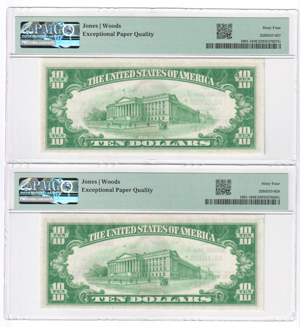 Five 1929 $10 Type 1 - St. Louis, MO Charter #170 - Four ChCU-64, and one GemCU-65, all PMG EPQ
