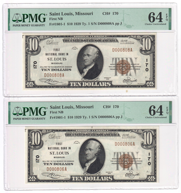 Five 1929 $10 Type 1 - St. Louis, MO Charter #170 - Four ChCU-64, and one GemCU-65, all PMG EPQ