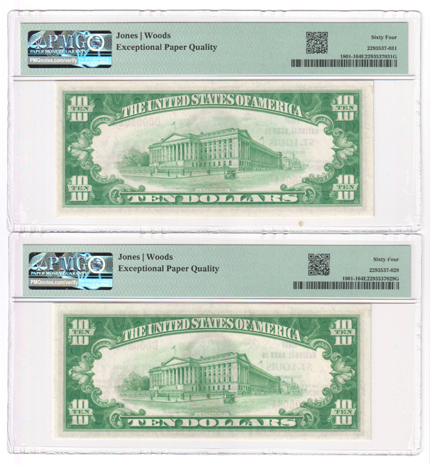 Five 1929 $10 Type 1 - St. Louis, MO Charter #170 - Four ChCU-64, and one GemCU-65, all PMG EPQ