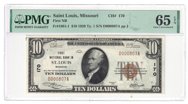 Five 1929 $10 Type 1 - St. Louis, MO Charter #170 - Four ChCU-64, and one GemCU-65, all PMG EPQ