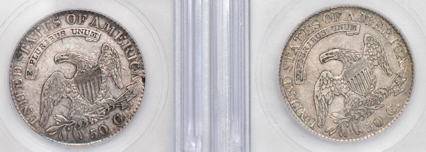 Six certified Capped Bust half-dollars