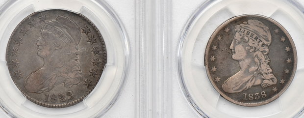Six certified Capped Bust half-dollars