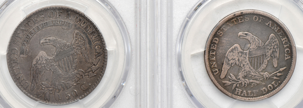 Six certified Capped Bust half-dollars