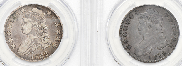 Six certified Capped Bust half-dollars