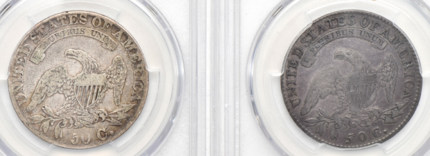 Six certified Capped Bust half-dollars