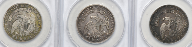 Six ANACS certified Capped Bust half-dollars 