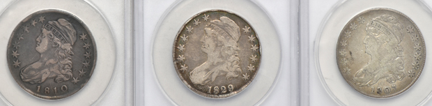 Six ANACS certified Capped Bust half-dollars 