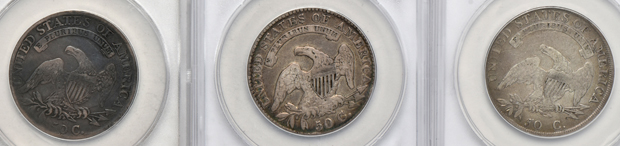 Six ANACS certified Capped Bust half-dollars 