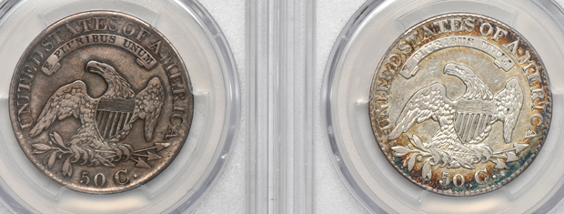 Seven certified Capped Bust half-dollars