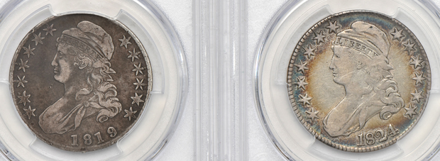 Seven certified Capped Bust half-dollars