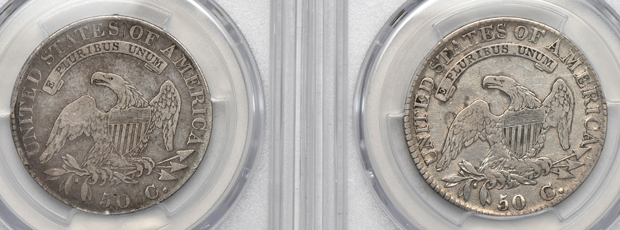 Seven certified Capped Bust half-dollars