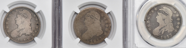 Seven certified Capped Bust half-dollars
