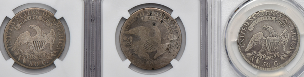 Seven certified Capped Bust half-dollars