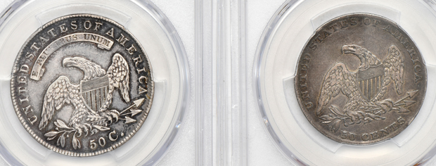Five PCGS certified Capped Bust half-dollars
