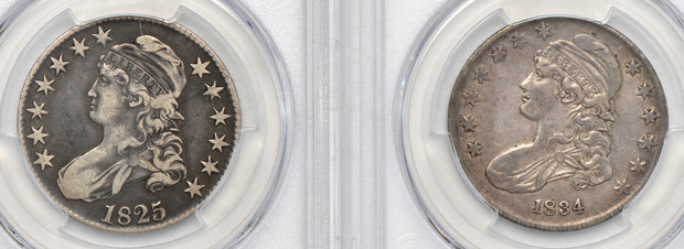 Five PCGS certified Capped Bust half-dollars