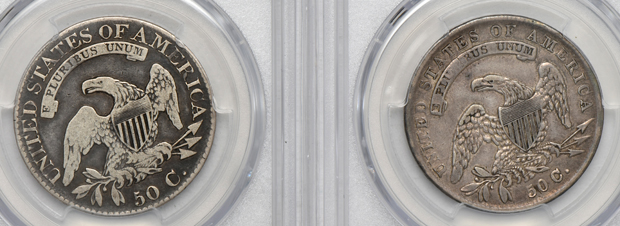 Five PCGS certified Capped Bust half-dollars