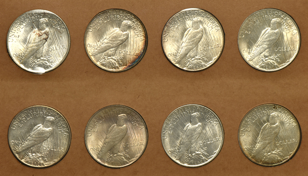 Complete collection of Peace silver dollars in a Wayte Raymond album