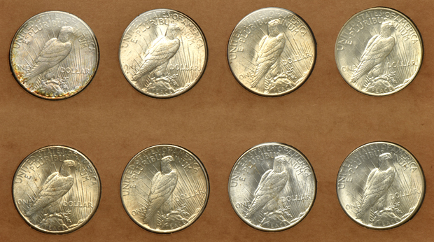 Complete collection of Peace silver dollars in a Wayte Raymond album