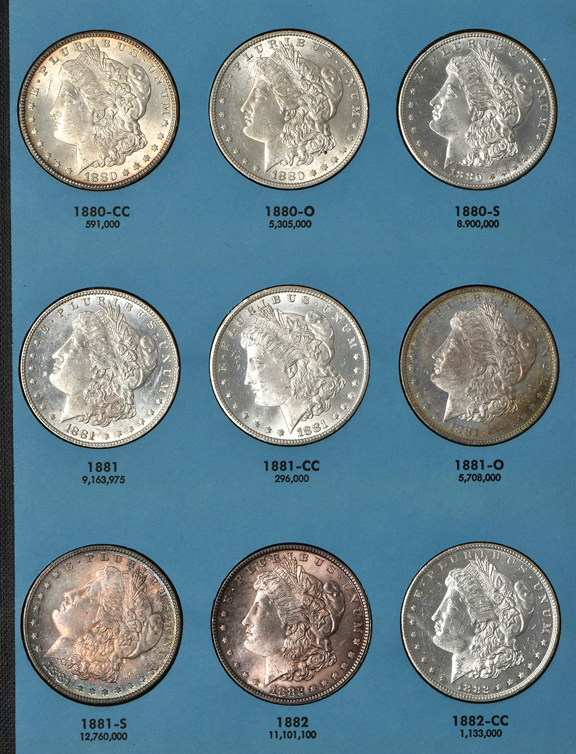 Collection of Morgan silver dollars, 1878 through 1884-O, in a Meghrig The "GEM" coin album