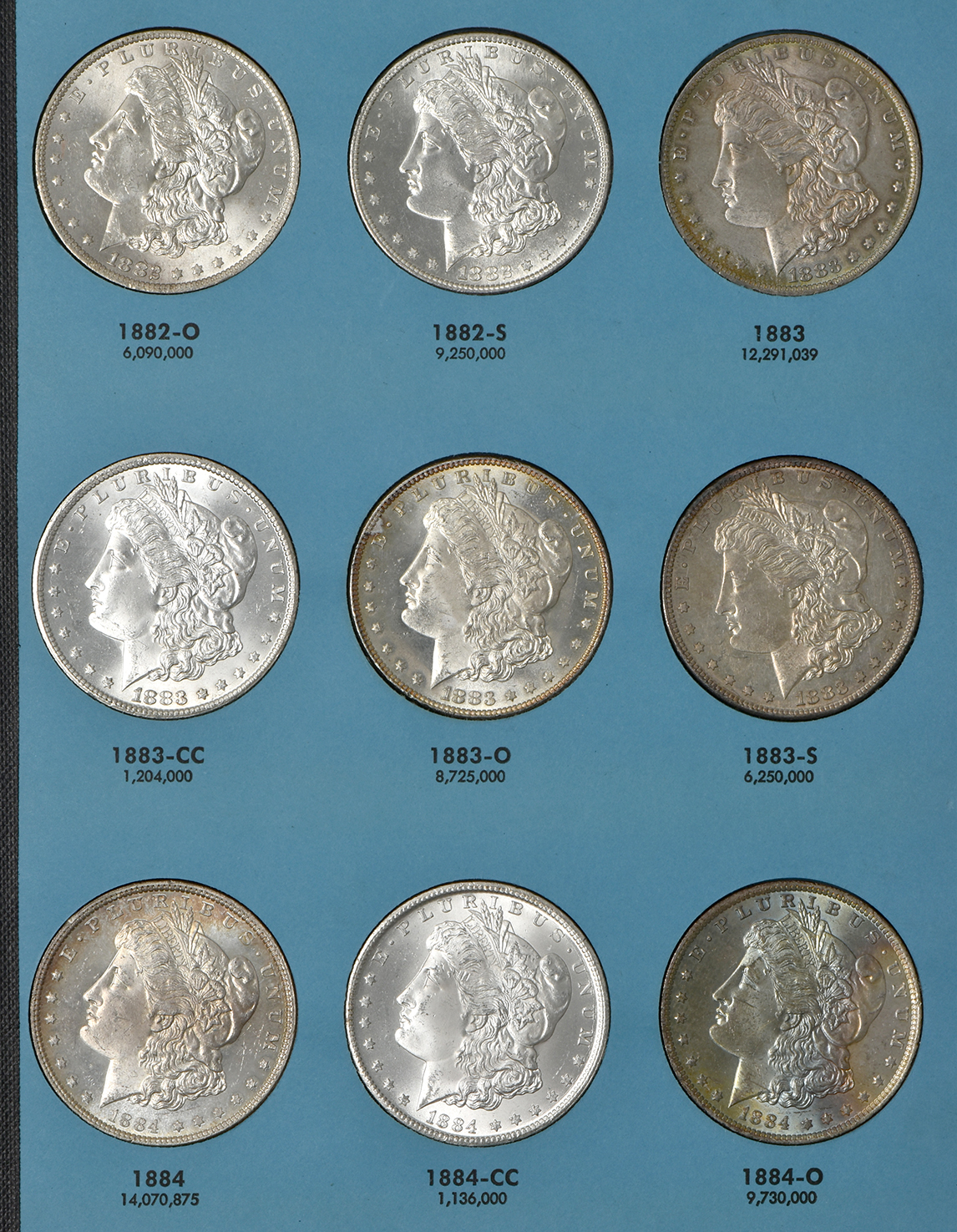 Collection of Morgan silver dollars, 1878 through 1884-O, in a Meghrig The "GEM" coin album