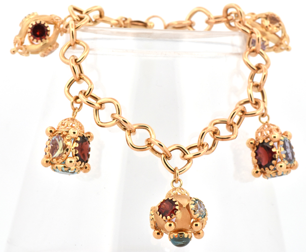 18K Yellow Gold Multi-Gemstone Charm Bracelet