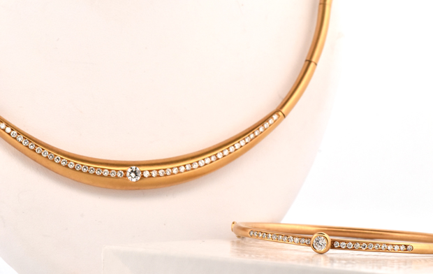 18K Yellow Gold Diamond Necklace and Bangle 