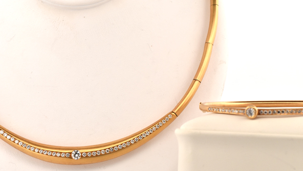 18K Yellow Gold Diamond Necklace and Bangle 