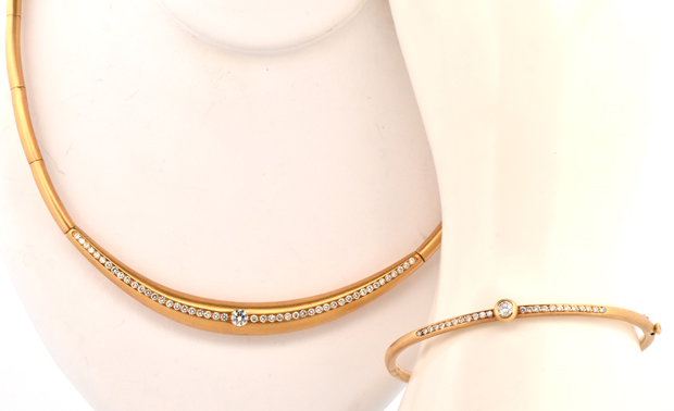 18K Yellow Gold Diamond Necklace and Bangle 