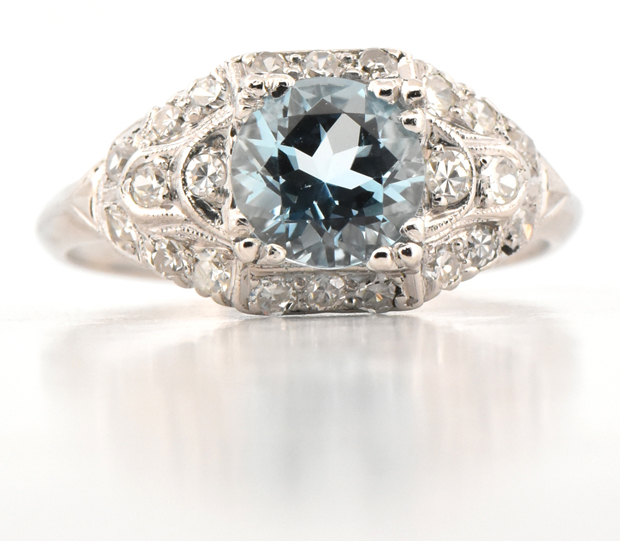 Platinum Diamond and Aquamarine Ring
