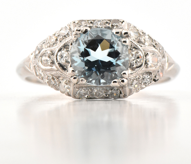 Platinum Diamond and Aquamarine Ring