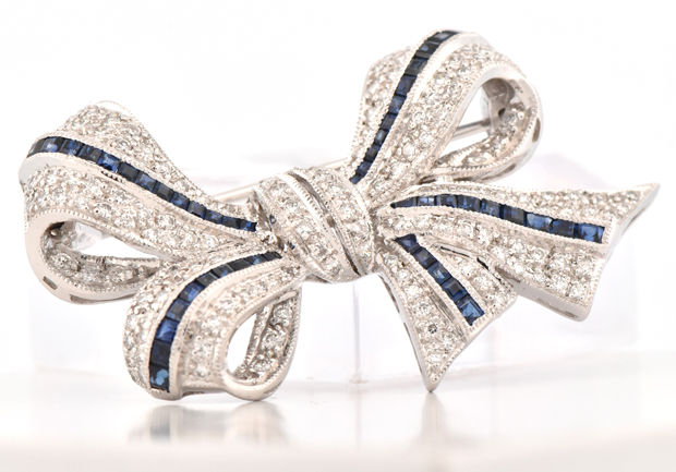 18K White Gold Diamond and Sapphire Pin