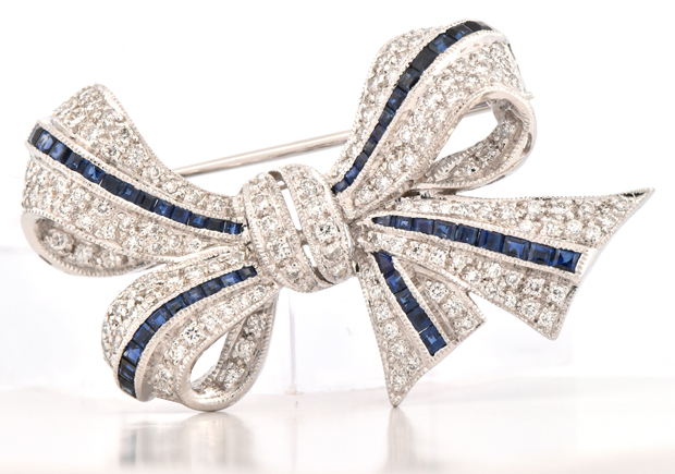 18K White Gold Diamond and Sapphire Pin
