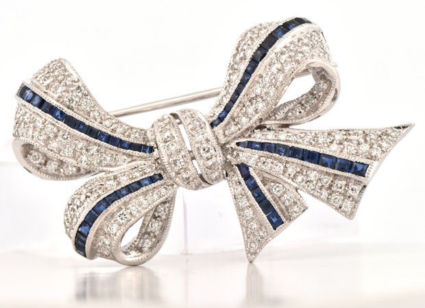 18K White Gold Diamond and Sapphire Pin