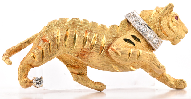 18K Yellow Gold and Platinum Tiger Pin