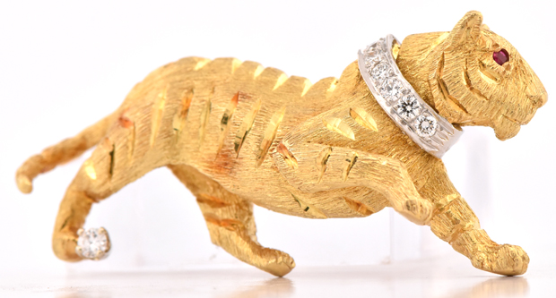 18K Yellow Gold and Platinum Tiger Pin