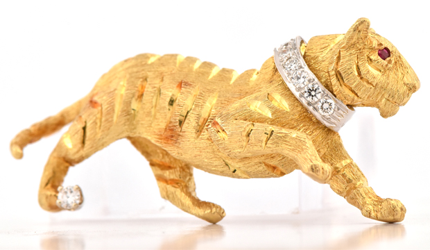 18K Yellow Gold and Platinum Tiger Pin