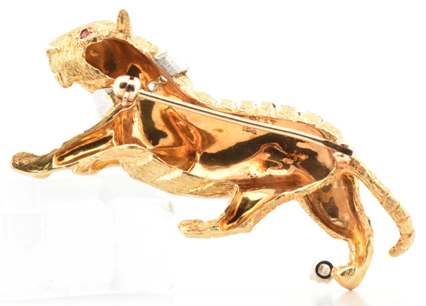 18K Yellow Gold and Platinum Tiger Pin