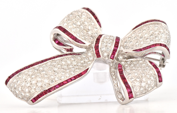Platinum and Ruby Bow Pin