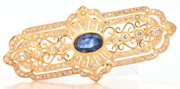 18K Yellow Gold Diamond and Sapphire Pin