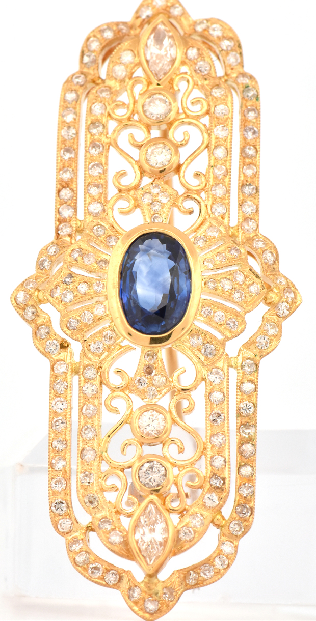18K Yellow Gold Diamond and Sapphire Pin