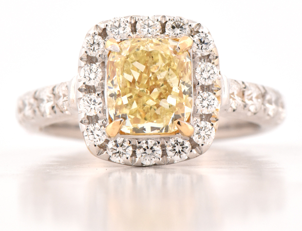 18K Two-Tone Ring with a Round-Cornered Rectangular Modified Brilliant 1.90 Carat Fancy Light Yellow Diamond, GIA #2231355763