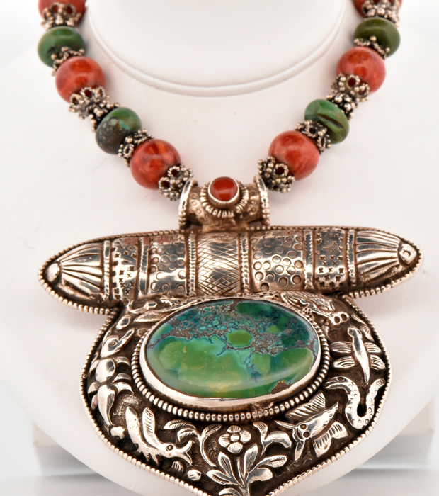 Sterling Silver Turquoise and Coral Necklace 