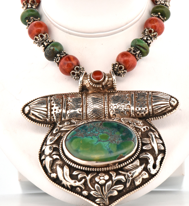 Sterling Silver Turquoise and Coral Necklace 